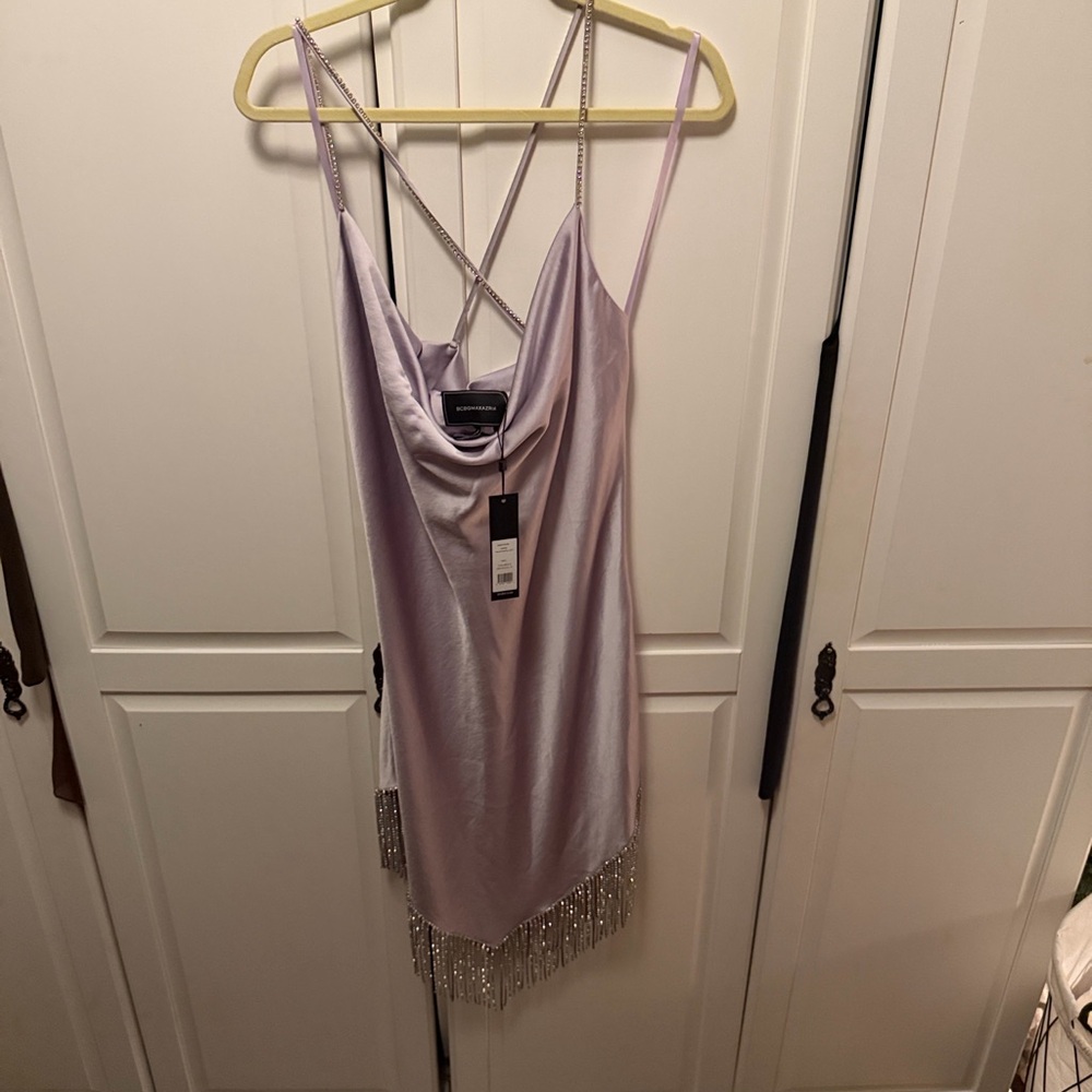 BCBGMaxAzria Lavender Cowl Neck Dress with Glitter Straps